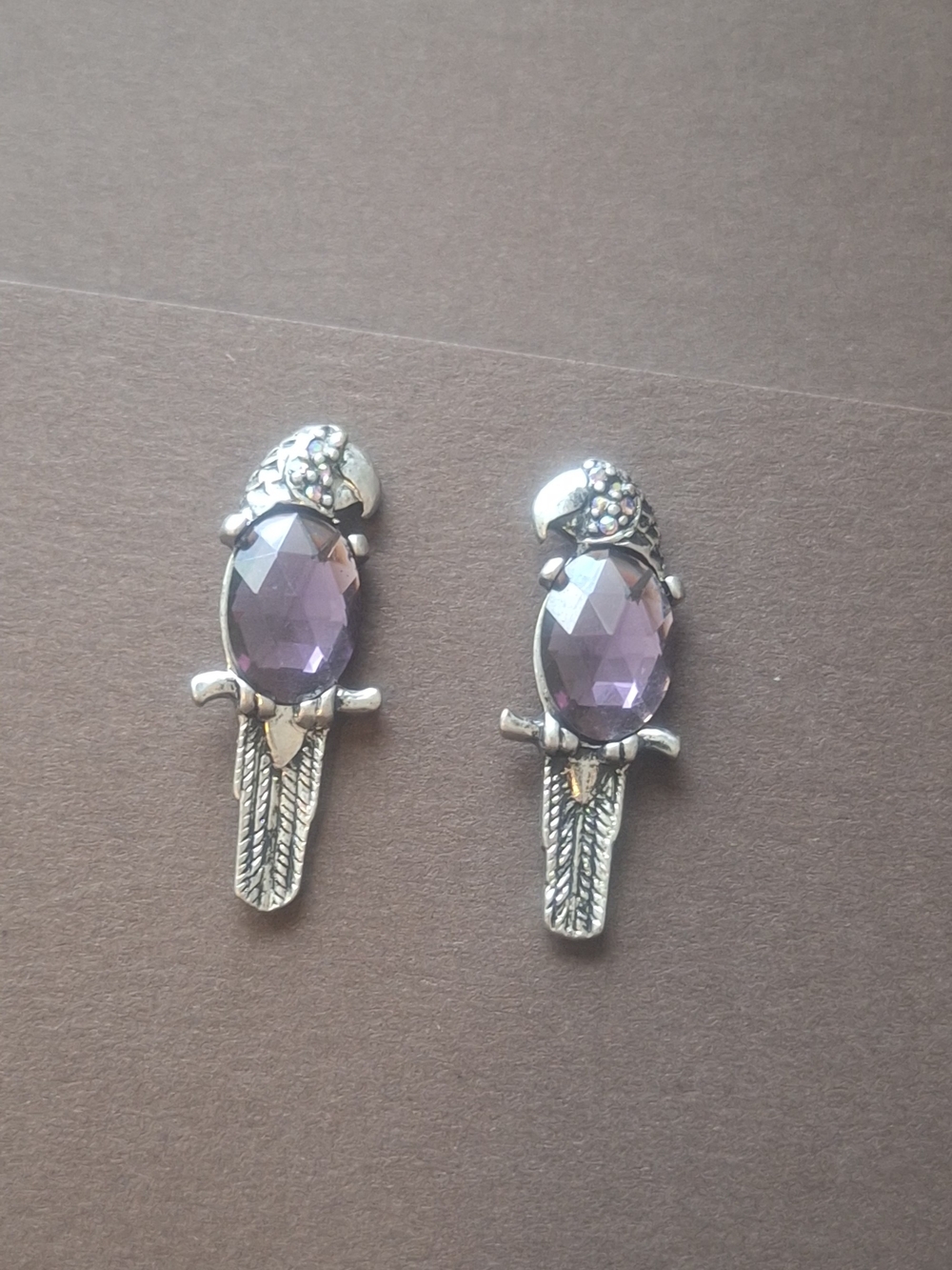 1" Chico's Silver Parrot Earrings with Purple Gem - Picture 2 of 5